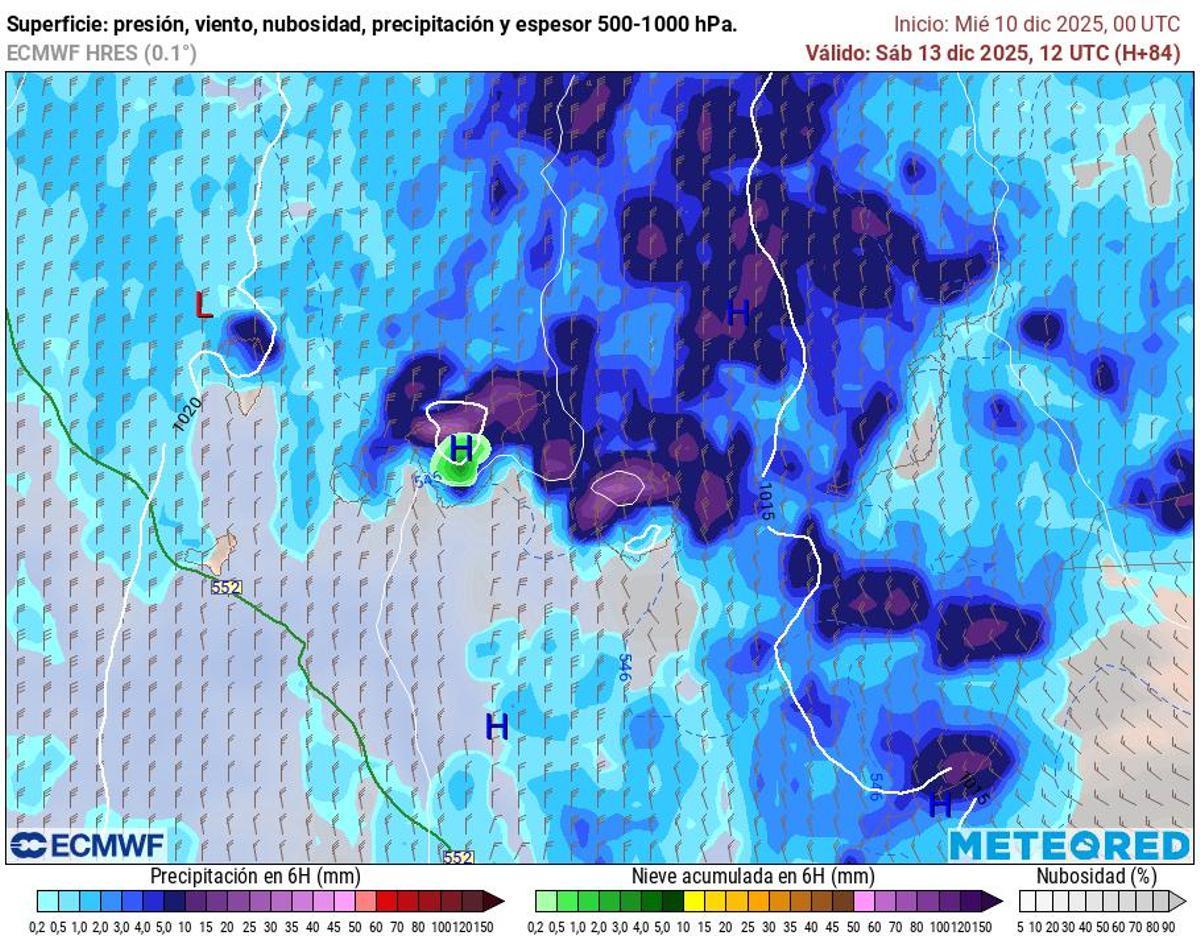 Modelo europeo ECMWF para el sábado 13 de diciembre a las 12:00 horas