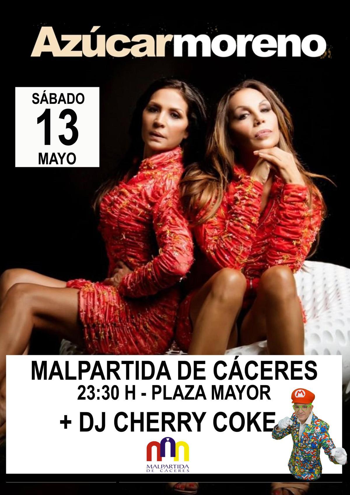 Cartel de la actuación de Azúcar Moreno con motivo de las fiestas de San Isidro en Malpartida de Cáceres.