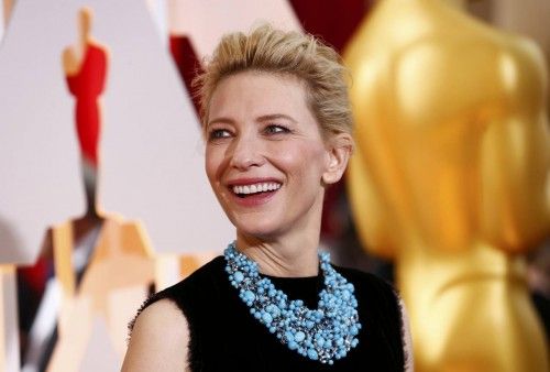 Presenter Cate Blanchett wears a Tiffany necklace as she arrives at the 87th Academy Awards in Hollywood