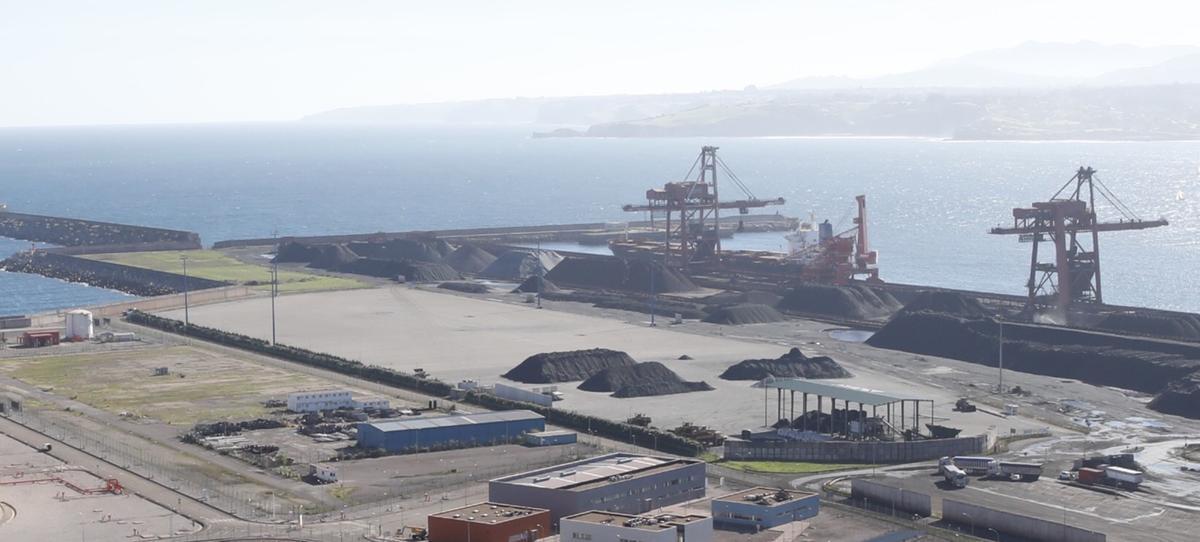 La terminal de minerales Ebhisa, con sus grúas, y a su espalda la explanada trasera con el casetón verde en el que cribaba carbón NMR.