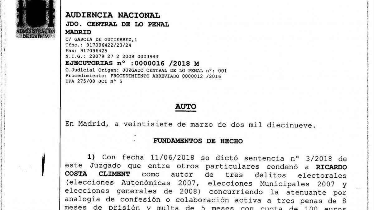 Consulta el auto de suspensión de Ricardo Costa