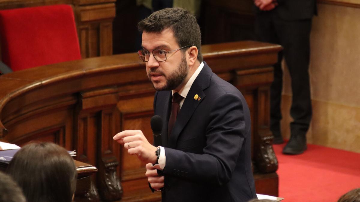 El president de la Generalitat, Pere Aragonès, intervenint a la sessió de control