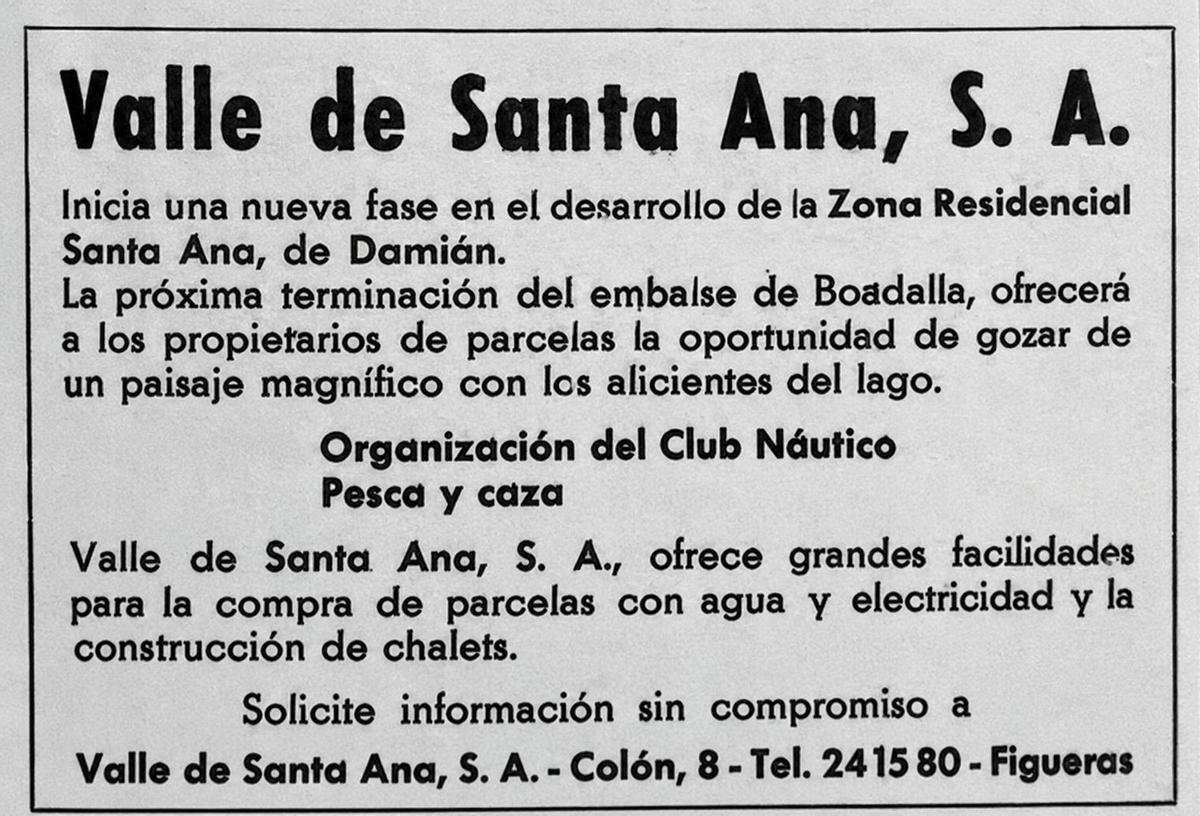 Anunci de Fincas Ampurdán de la zona residencial Santa Ana, de l'any 1974