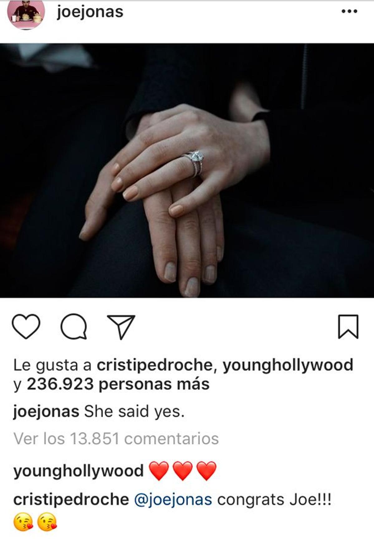 Joe Jonas anuncia en Instagram su compromiso con Sophie Turner