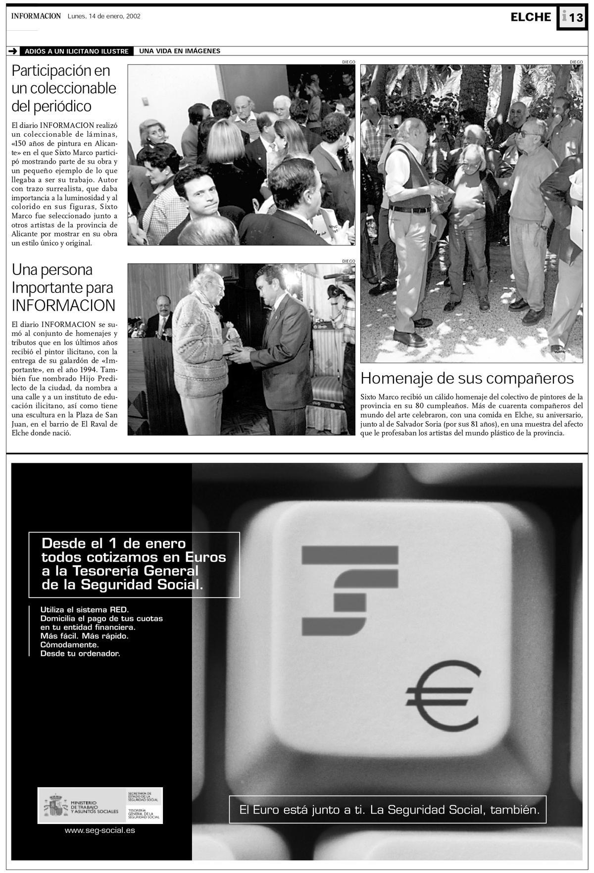 El homenaje a Soria y Sixto Marco en Elche, en una foto que se publicó el día del fallecimiento del pintor ilicitano.