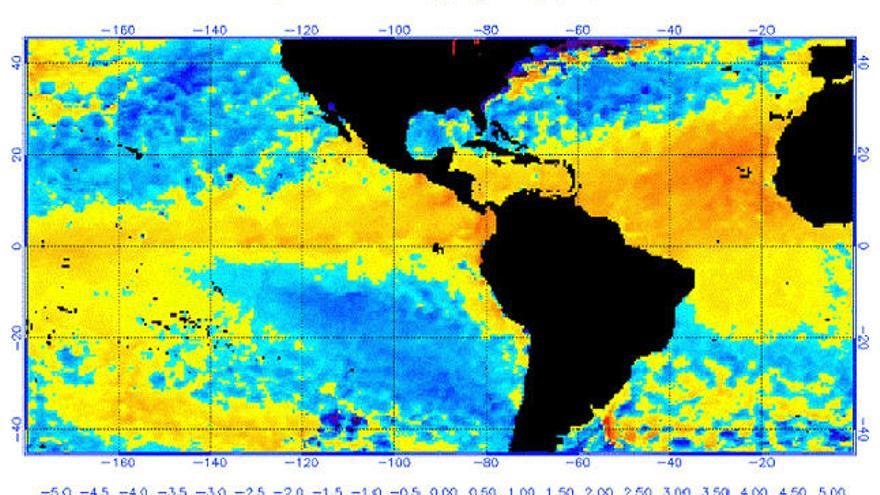 Mapa térmico con las zonas más cálidas en tonos anaran-jados. Canarias se incluye en dicha franja, un área tropical que, según los especialistas, muestra una clara tendencia  a expandirse. i LP / DLP