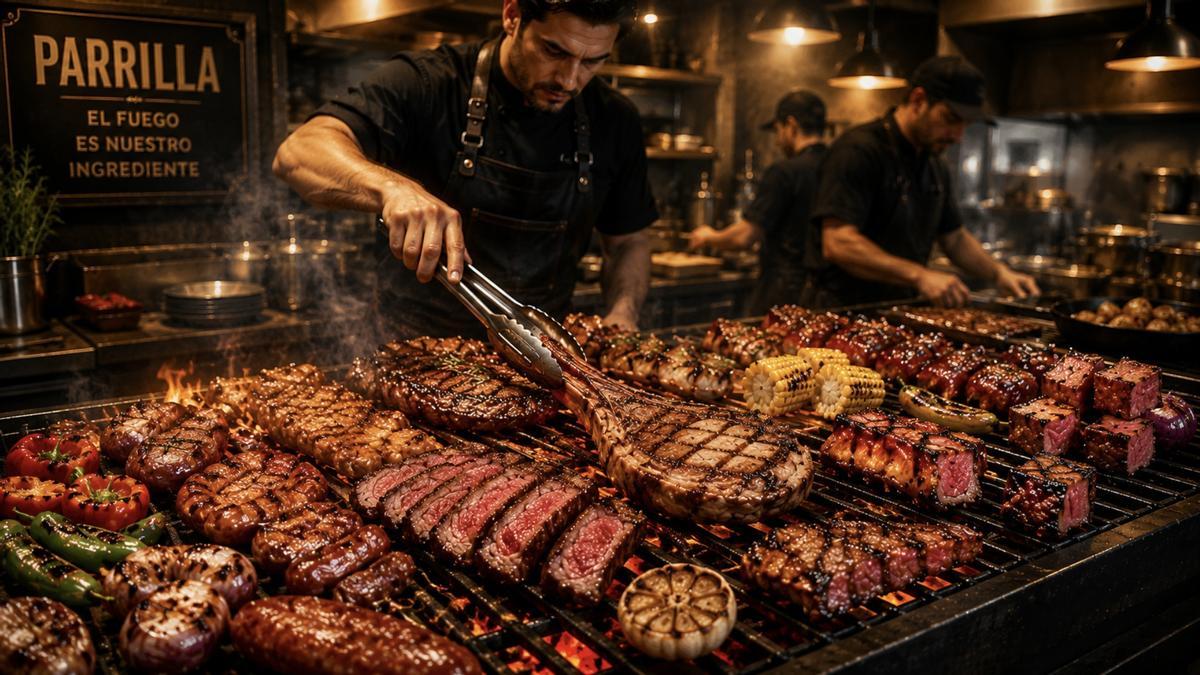 Un parrillero asando una raqueta de carne (imagen generada por IA).