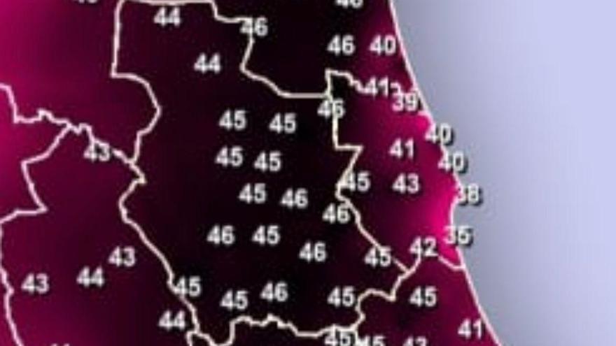 Mapa con los registros de las temperaturas máximas en la Ribera.