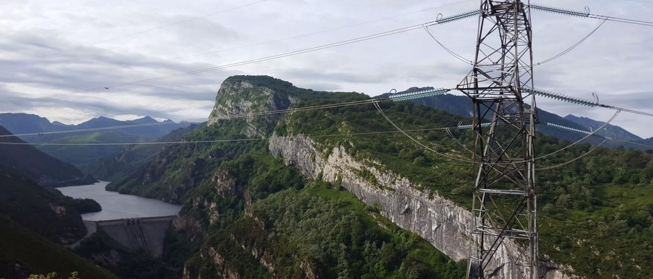 Una de las torres de la línea Lada-Velilla, con el pantano de Tanes al fondo.