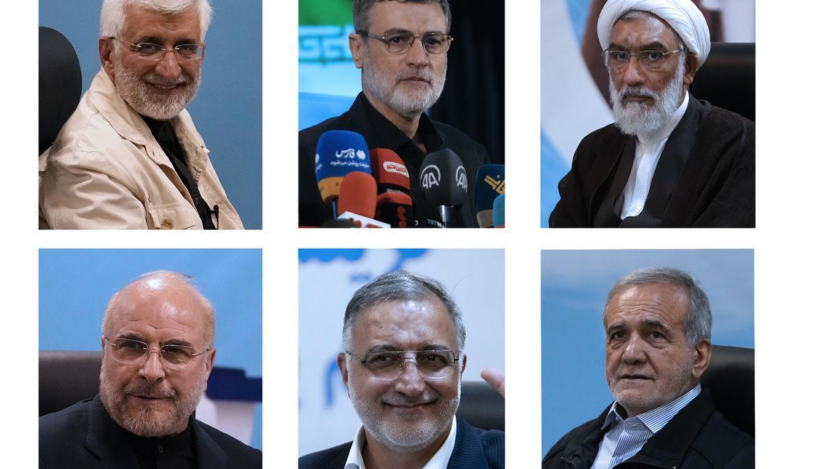 De izquierda a derecha y de arriba a abajo, los candidatos a las elecciones presidenciales de Irán: Mostafa Pourmohammadi, Amirhossein Ghazizadeh Hashemi, Saeed Jalili, Masoud Pezeshkian, Ali Reza Zakani, y Mohammad Bagher Qalibaf.