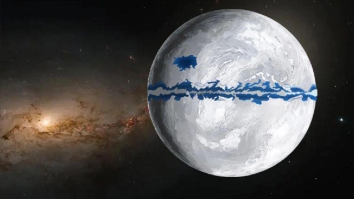 Ilustración del modelo “Tierra bola de nieve”, con aguas abiertas en océanos de latitud media y baja.