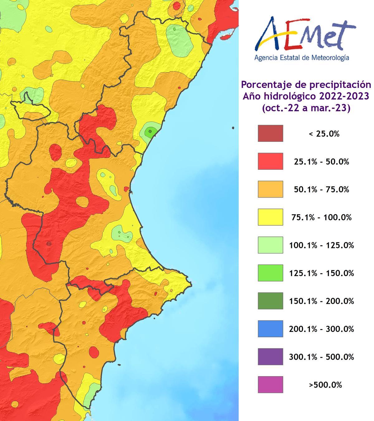 Porcentaje de lluvias en la Comunidad Valenciana de octubre de 2022 a marzo de 2023.