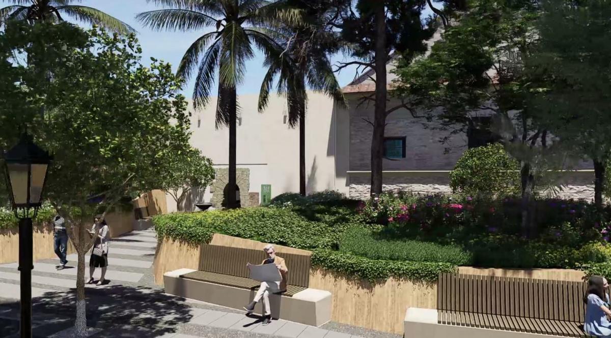 Recreación de los parterres en torno a las palmeras, con aromáticas dentro y los bancos alrededor.
