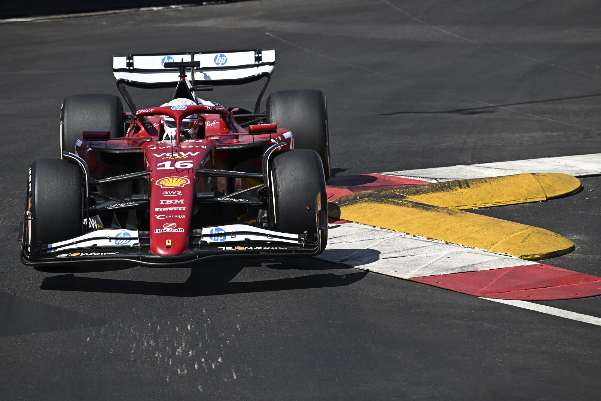 Ferrari driver Charles Leclerc of Monaco steers his car during the Formula One Monaco Grand Prix race at the Monaco racetrack in Monaco, Sunday, May 25, 2025. (Gabriel Bouys/Pool Photo via AP). EDITORIAL USE ONLY/ONLY ITALY AND SPAIN