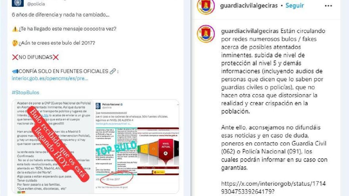 Respuesta de Policía y Guardia Civil ante bulos sobre la alerta antiterrorista.