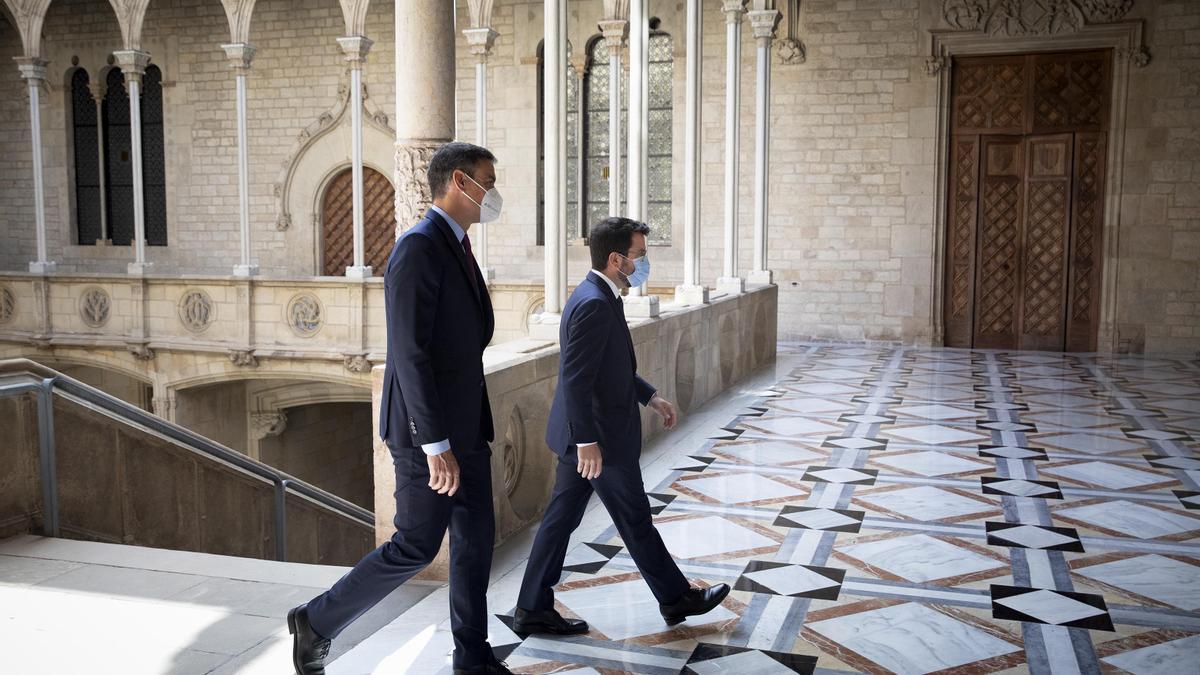 Reunión mesa de diálogo entre Pere Aragonés y Pedro Sánchez en el Palau de la Generalitat.