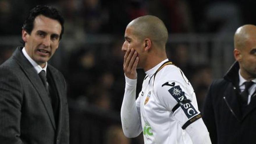 Emery, junto a Feghouli y Guardiola en el partido de Copa en el Camp Nou.