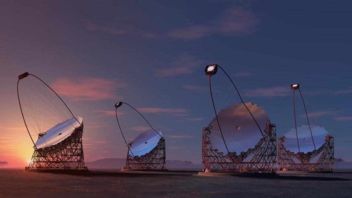 Representación artística de los cuatro telescopios gigantes propuestos para el CTA (Cherenkov Telescope Array o Red de Telescopios Cherenkov) en la isla canaria de La Palma. Crédito: IFAE-Consorcio CTA.