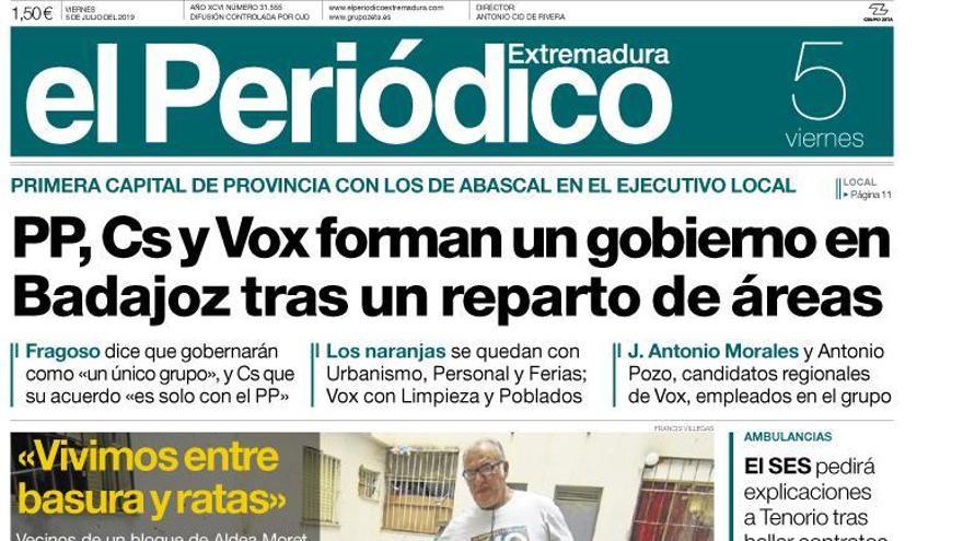 Esta es la portada de EL PERIÓDICO EXTREMADURA correspondiente al día 5 de julio del 2019