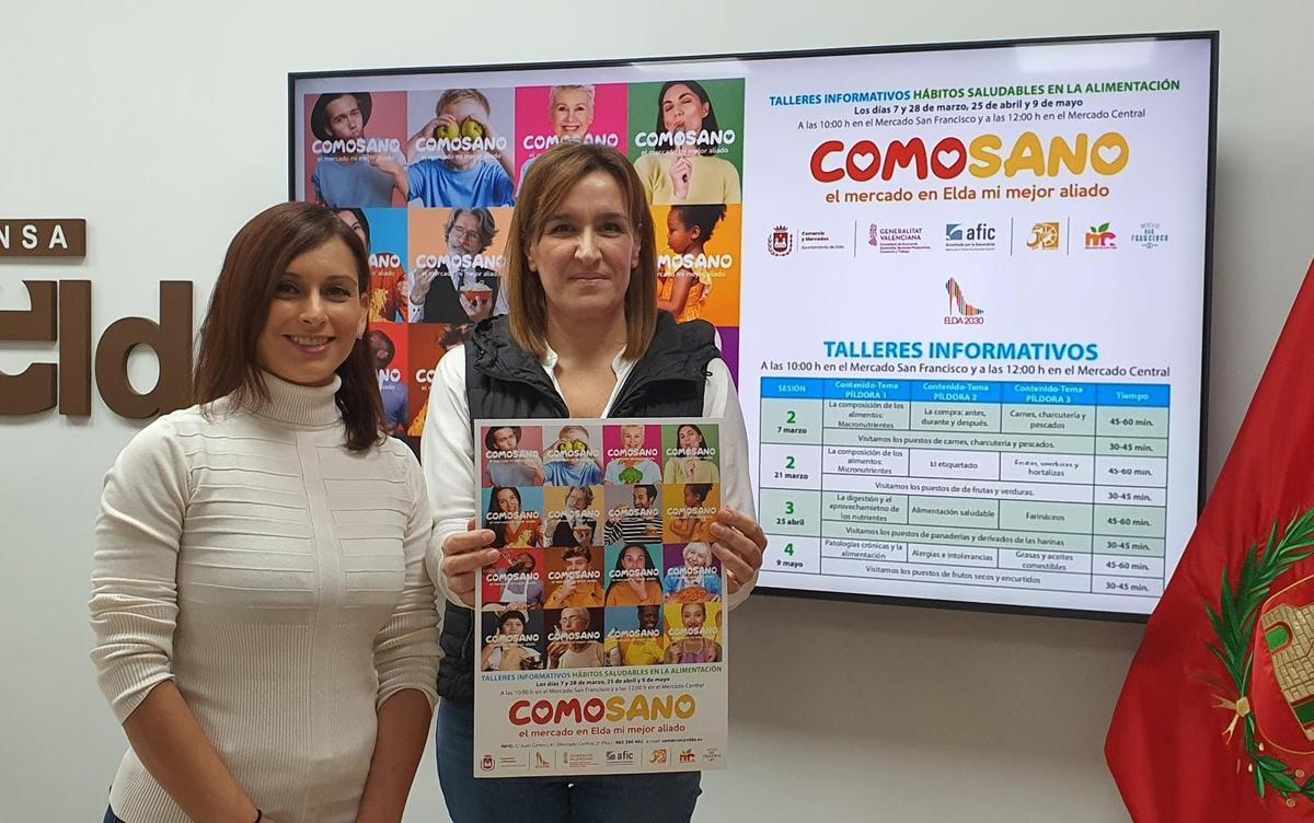 La concejala de Mercados, Silvia Ibáñez, y la directora del IES La Melva, Isabel Coves, presentando la campaña &quot;Comosano&quot; en Elda.