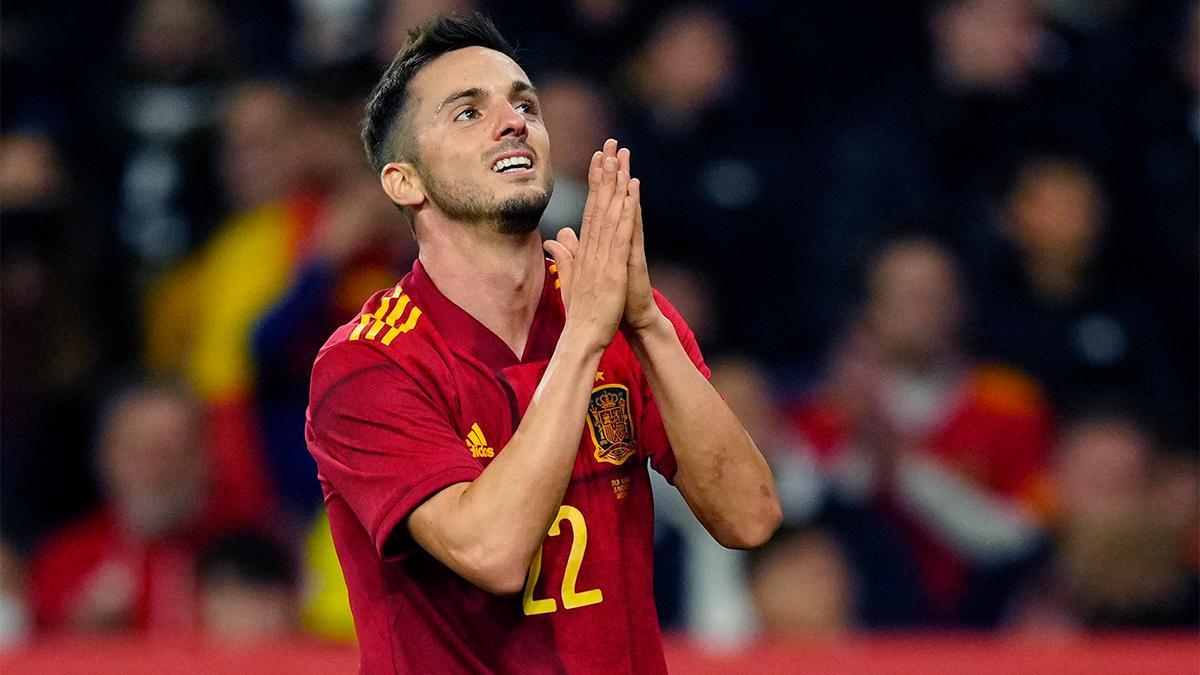 Pablo Sarabia se lamenta durante un partido de la selección española