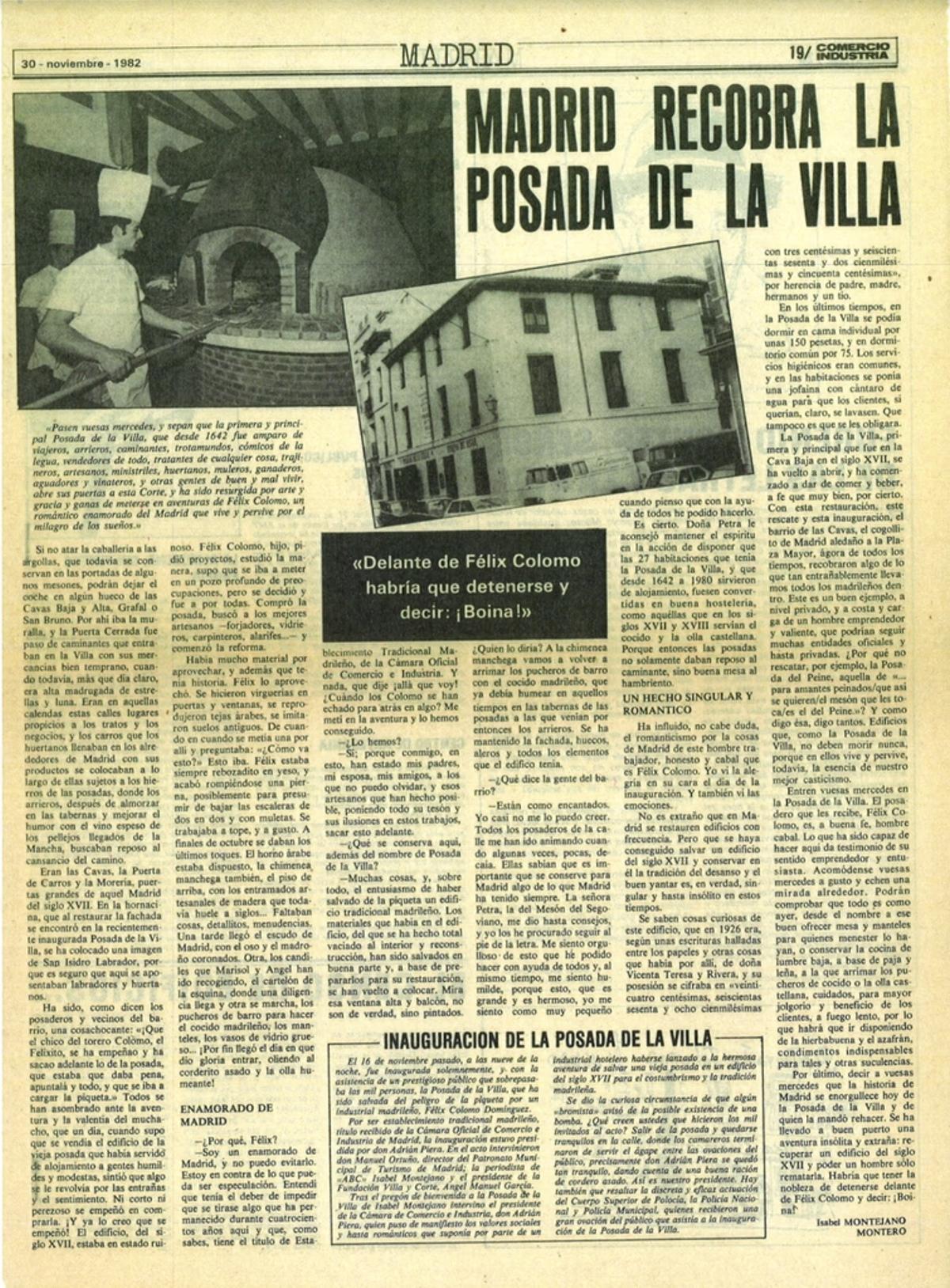 Periódico del 30 de noviembre de 1982 que narra su inauguración