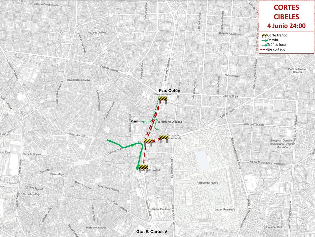 Plano de los cortes de tráfico en la zona de la plaza de Cibeles el 4 de junio.