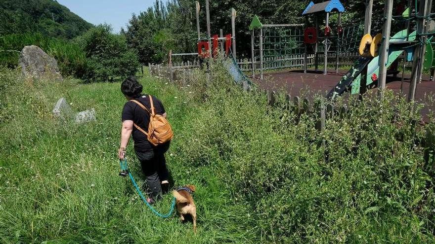 Una vecina pasea con su perro por el área recreativa de Mieres, llena de maleza.