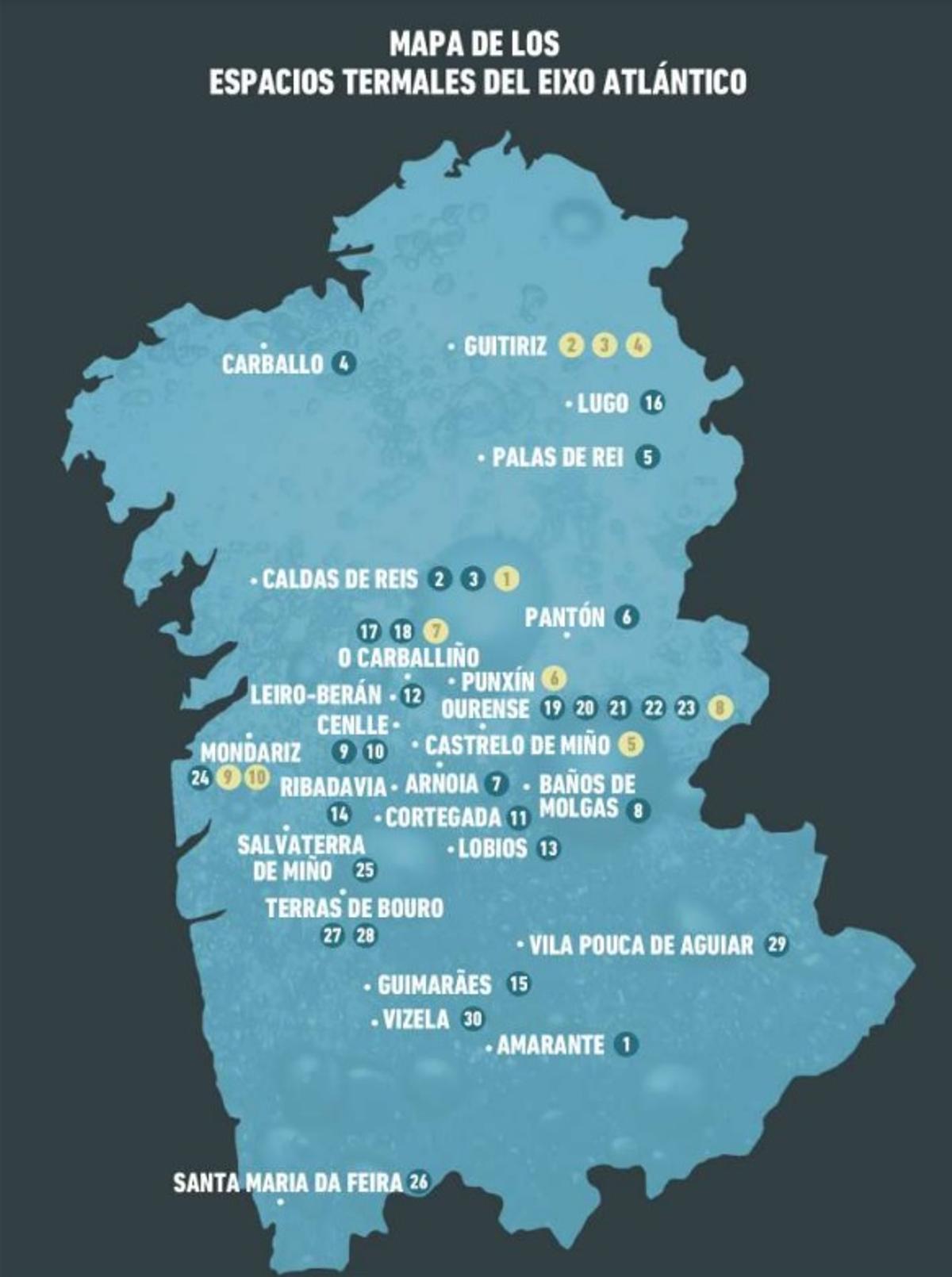 Mapa de los espacios termales del Eixo Atlántico Galicia - Norte de Portugal.