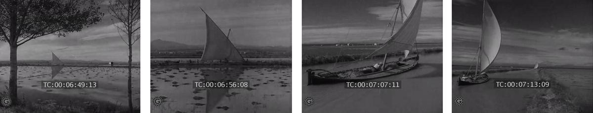 Fotogrames de l’escena de la pel·lícula “Ispania” (Esfir Shub, 1939), en la qual apareixen embarcacions de vela llatina navegant per un dels canals de l’actual Parc Natural de l’Albufera, rodejats de camps d’arròs inundats. GAUMONT PATHÉ ARCHIVES.