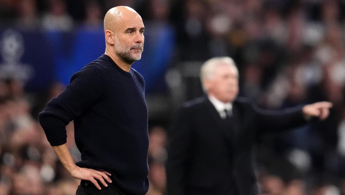 Pep Guardiola, en el Santiago Bernabéu durante el Real Madrid - Manchester City.