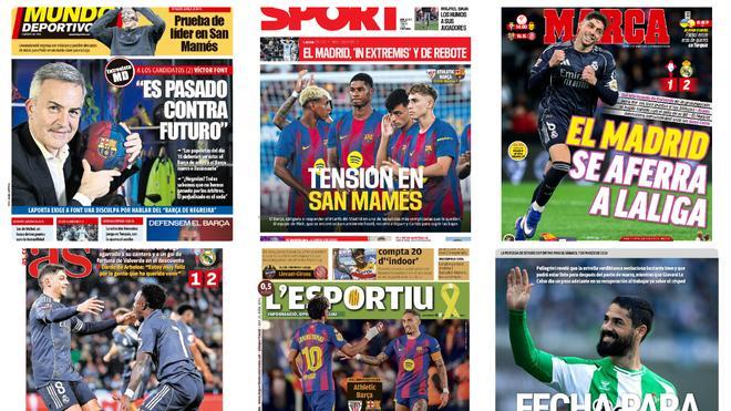 La pugna por la Liga entre Barça y Madrid, principal protagonista en las portadas