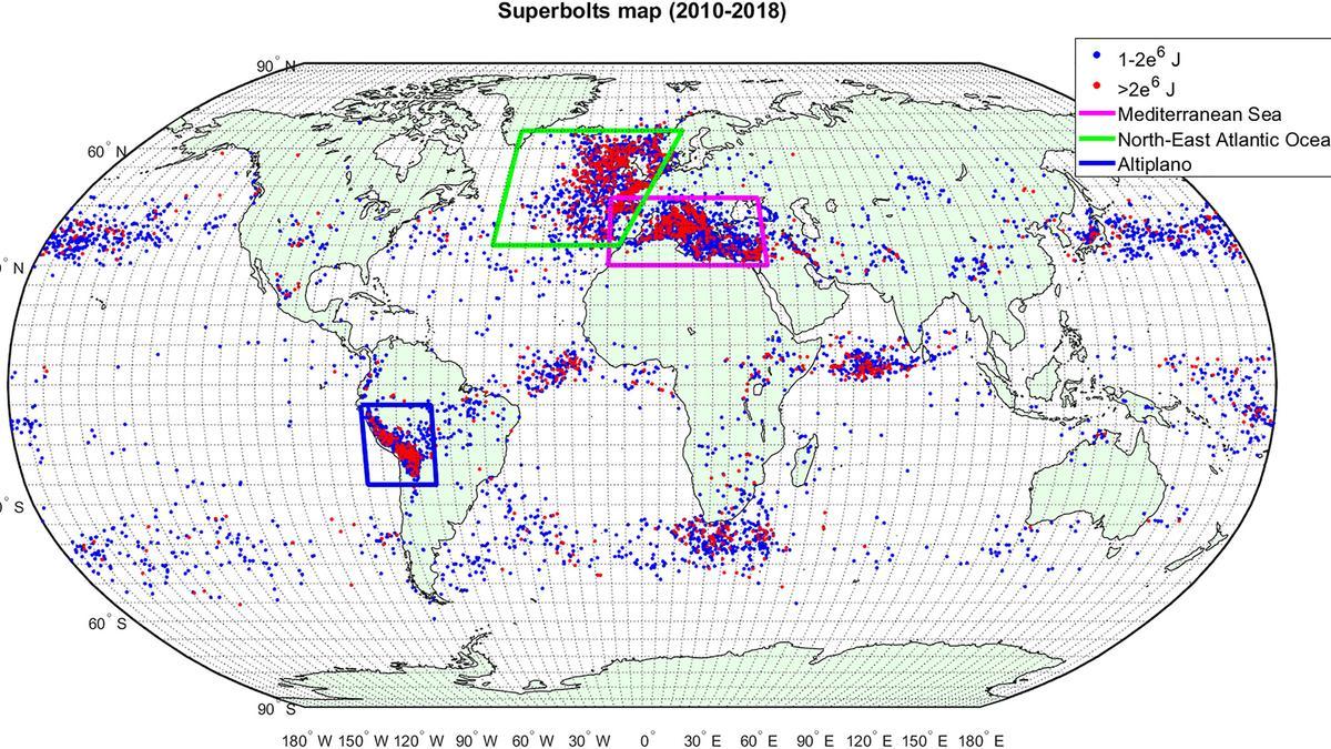 Mapa de super rayos registrados entre 2010 y 2018