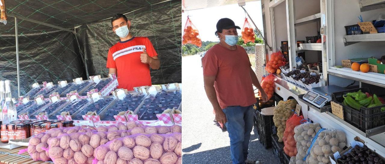 Jose Alfonso, de 22 años, vende cerezas, nueces o mermelada. Ricardo Albaneses, de 61, fruta variada. // FERNANDO CASANOVA