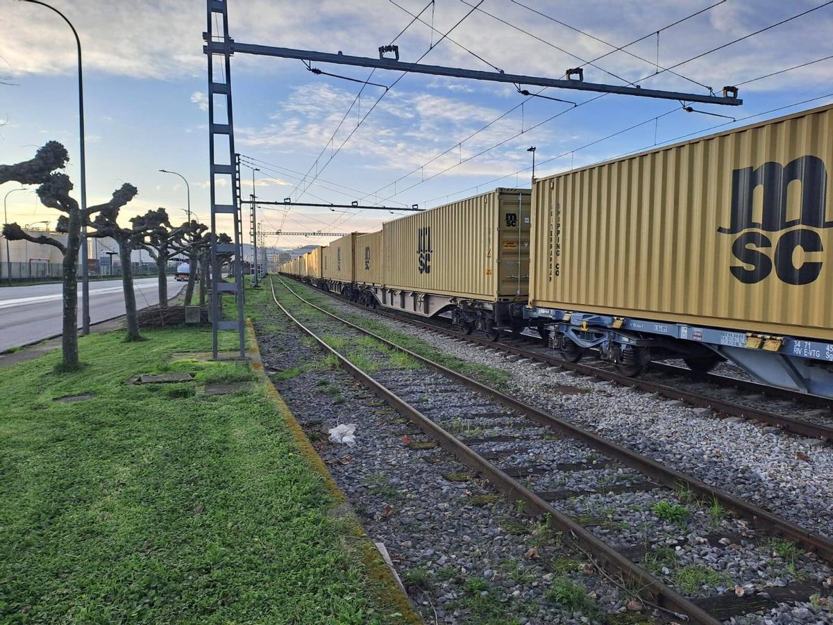 Un tren de contenedores en la estación sur de El Musel.