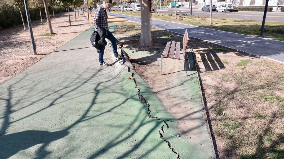 Bancos y suelo en mal estado en la cinta peatonal de la avenida de Elche