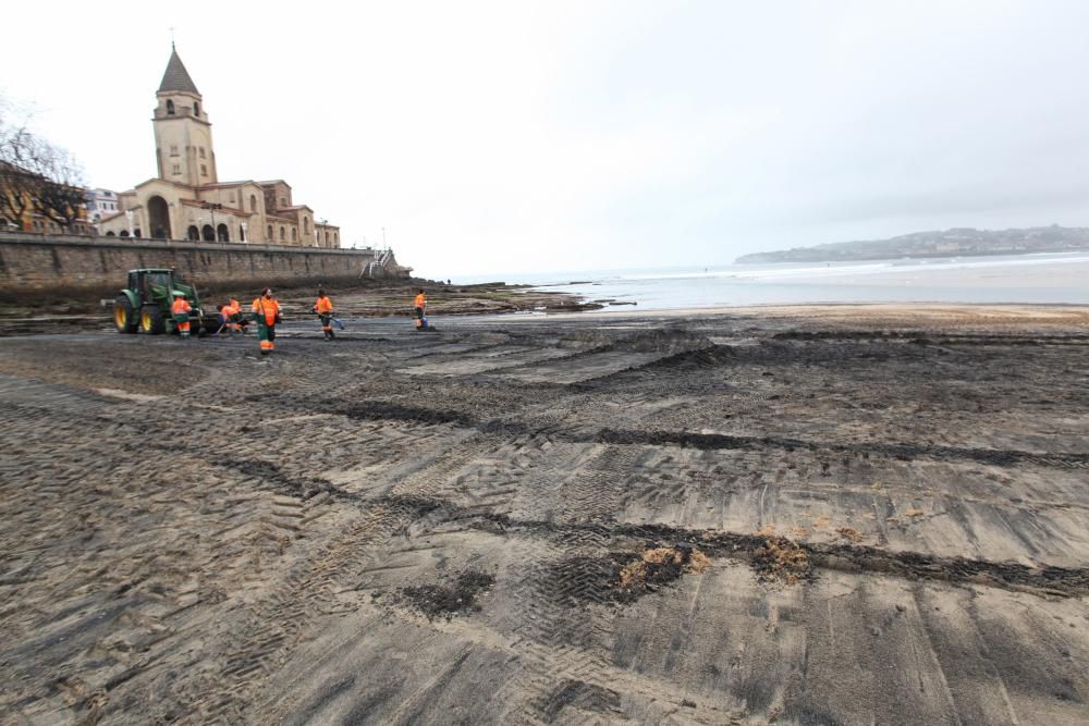 Limpieza de carbón en la playa de San Lorenzo