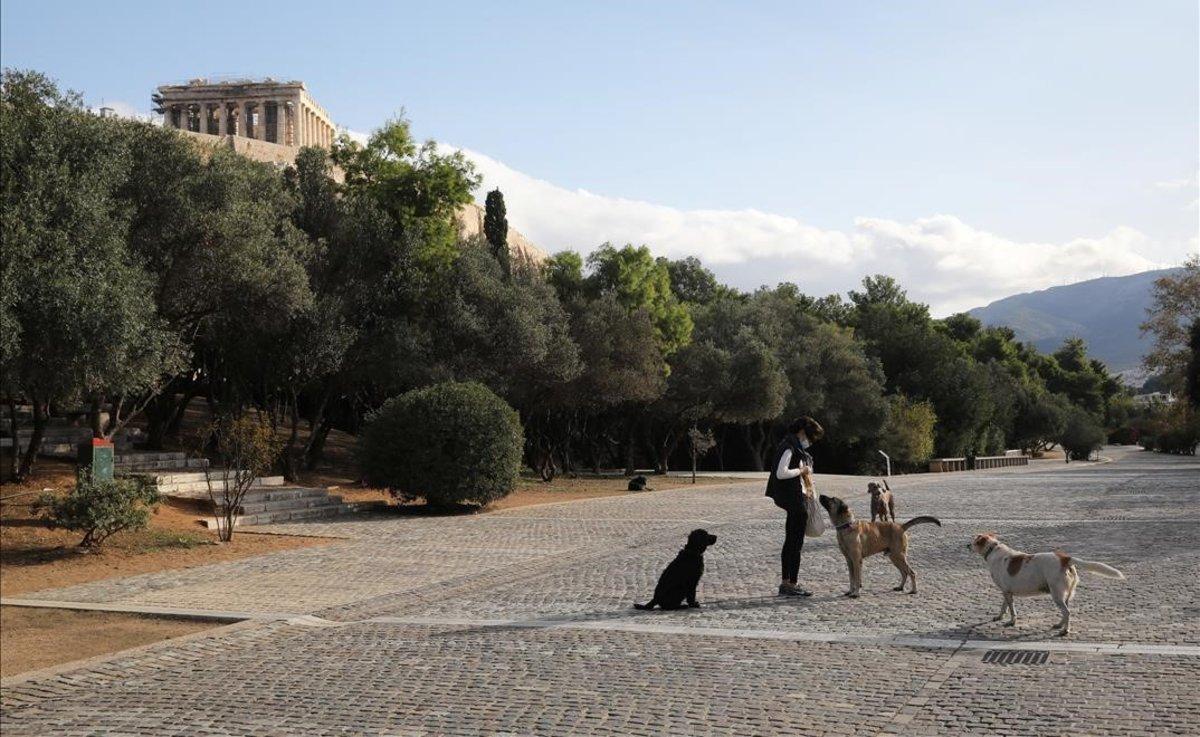 Una mujer da de comer a unos perros callejeros. Al fondo se ve el Partenón, en la antigua Acrópolis.