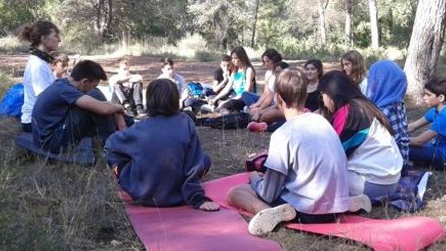 Els estudiants fent respiració conscient durant una de les parades del Camí ignasià