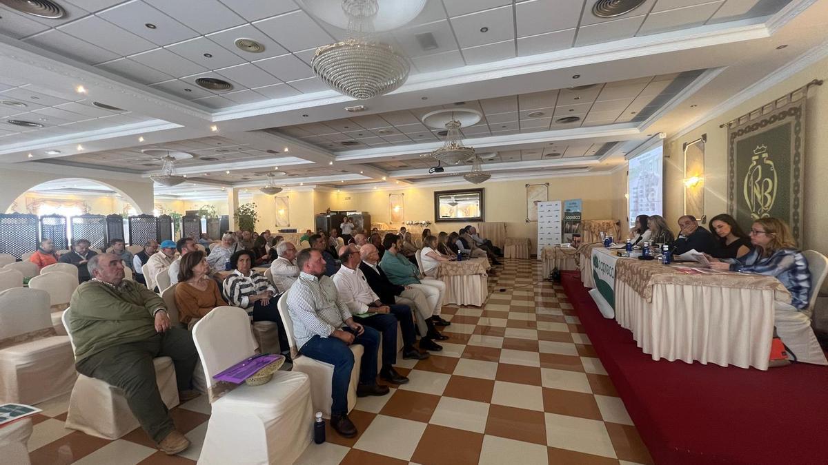 Aspecto que presentaba el salón de actos de  los Salones Bizcocho de Trujillo durante la asamblea general de Copreca.