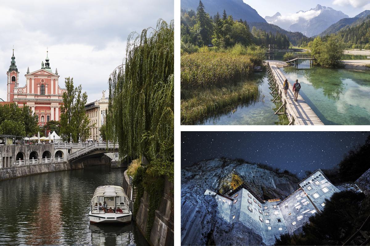 La capital, Ljubljana; los Alpes eslovenos y el castillo de Predjama, integrado en la roca.