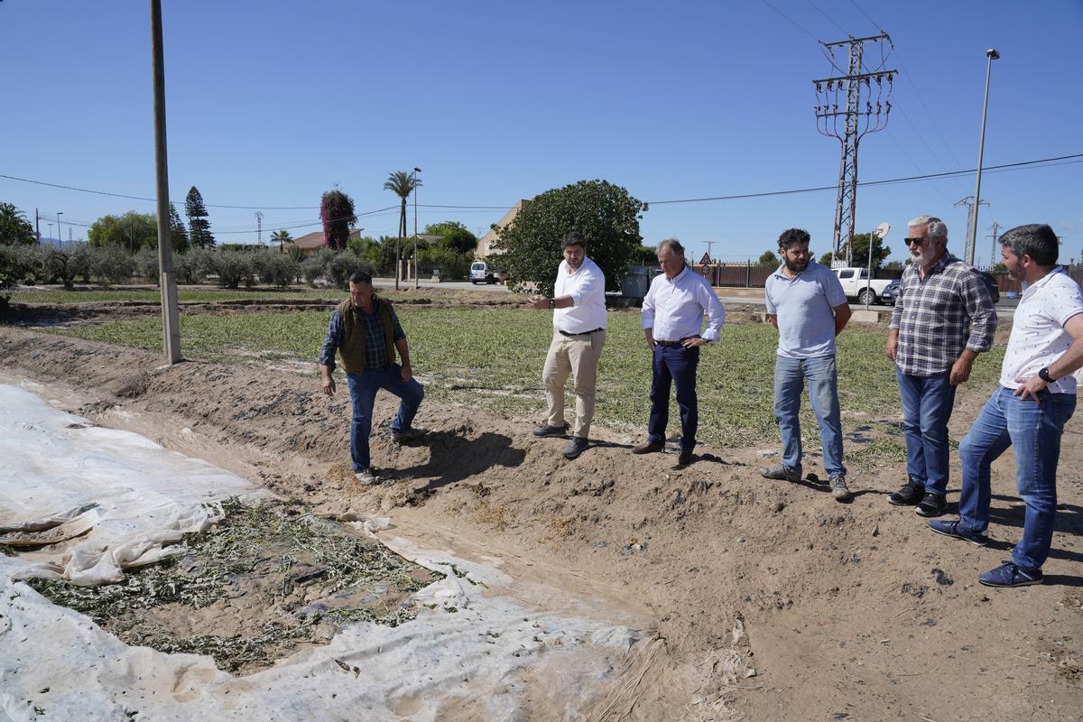 Plácido Pérez Chuecos, Fernando López Miras y Julián Díaz, contemplaban los daños en otra explotación agrícola, este domingo.