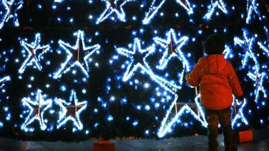 Un niño observa las estrellas decorativas de un árbol de Navidad. / bernabé / luismy
