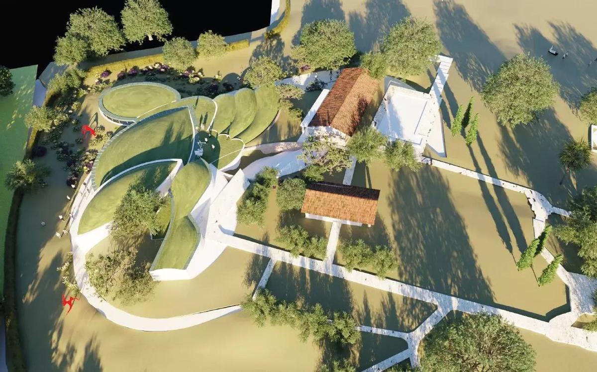 Vista aérea del futuro centro de artes, cuya forma simula un pájaro.