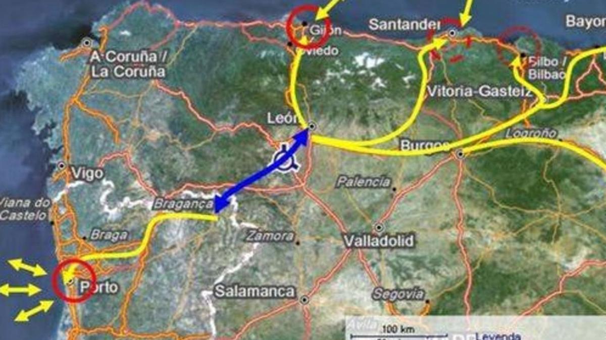 Idea de la conexión entre Oporto y el Norte de España por Sanabria y León.