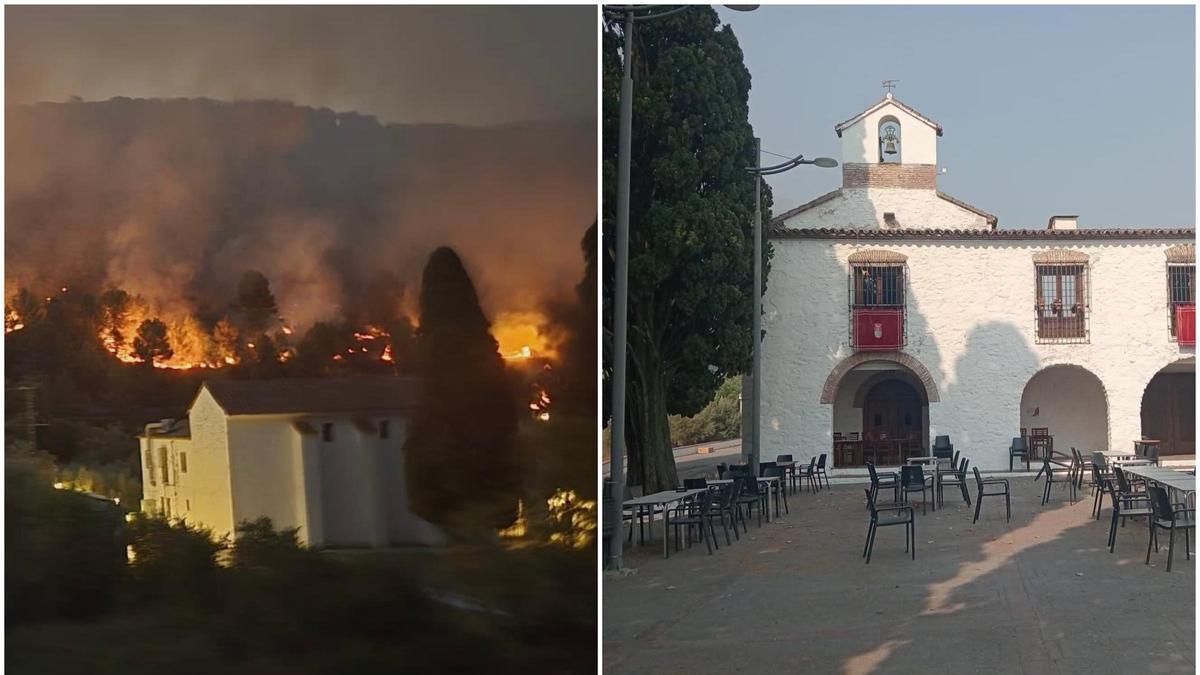 La ermita, este miércoles, cuando las llamas se aproximaron y este jueves, sin daños aparentes.
