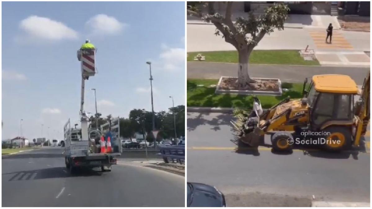 Un empleado en una cesta elevadora y una mujer en la pala de una excavadora: nuevas imprudencias al volante