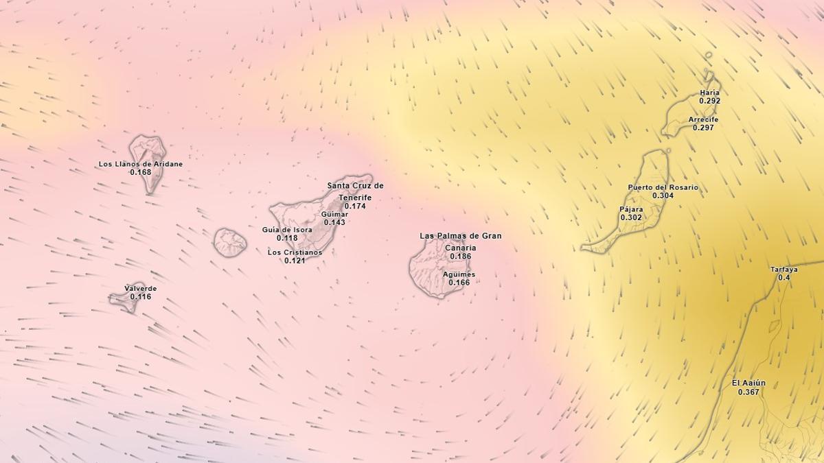 Mapa de la masa de polvo en suspensión situada sobre Canarias este martes