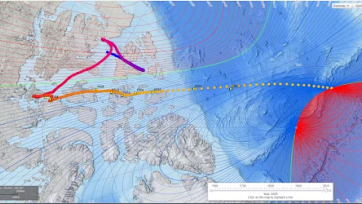 Las ubicaciones observadas del polo norte magnético entre 1831 y 2007 son cuadrados amarillos. Las posiciones de los polos modeladas entre 1590 y 2025 se muestran como círculos que progresan del azul al amarillo.