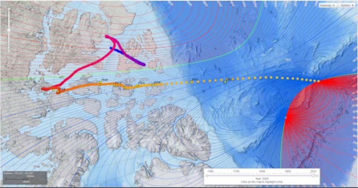 Las ubicaciones observadas del polo norte magnético entre 1831 y 2007 son cuadrados amarillos. Las posiciones de los polos modeladas entre 1590 y 2025 se muestran como círculos que progresan del azul al amarillo.